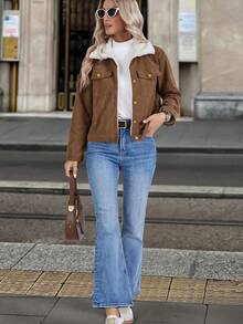 SHEIN PETITE 女士休闲灯芯绒衬里夹克，秋冬 - 棕色 - 查看 5