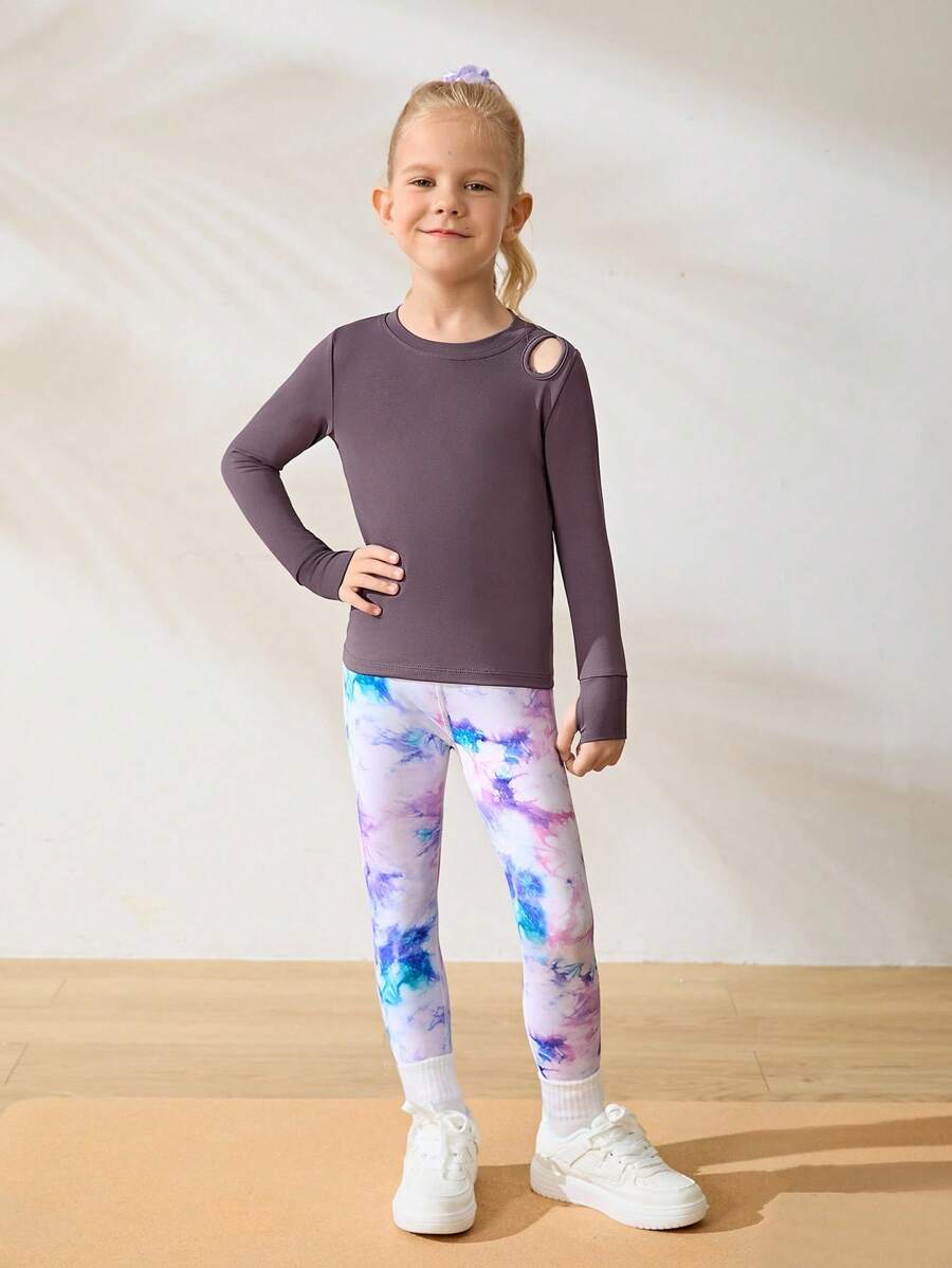 SHEIN Young Girls Activewear Sets - Long Sleeve Tee And Printed Leggings, Comfortable Stretchy Fabric, Suitable For All Seasons - Multicolor - View 1