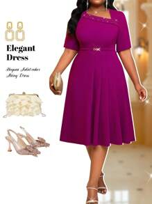 SHEIN Lady 春夏秋冬优雅朴素派对婚礼鸡尾酒会情人节音乐会/音乐节办公室紫色针织不对称领口喇叭褶饰腰带中长袖加大码连衣裙