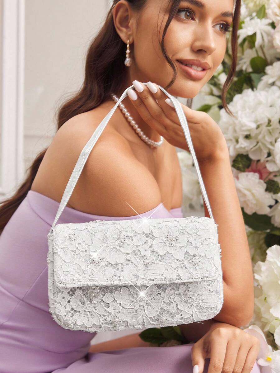 SHEIN Belle 奢华、迷人、优雅、闪亮的女士顶部提手包、女士晚宴包、适合女孩、女士、女士、大学生、适合新娘、伴娘、婚礼宾客、蜜月、派对、舞会、婚礼、俱乐部、约会、晚会、约会之夜（图案随机）、白色