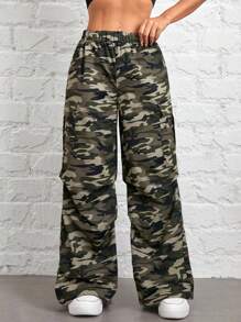 SHEIN Pantalones rectos holgados de moda casual callejera Y2K con estampado de camuflaje para preadolescentes