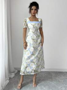 Elenzga Women's Elegant Embroidered Floral V-Neck Short Sleeve Dress, Summer - Multicolor - View 3