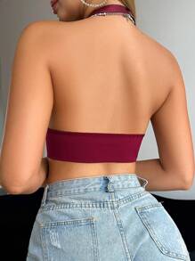 SHEIN 女士浪漫蕾丝拼布前开扣文胸 - 酒紅色 - 查看 2