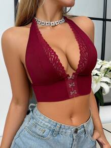 SHEIN 女士浪漫蕾丝拼布前开扣文胸 - 酒紅色 - 查看 5