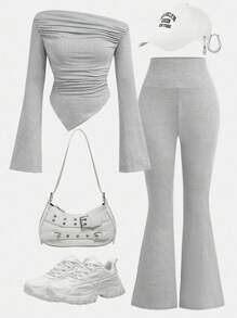 SHEIN Girlism Plain Light Grey Long-Sleeve Tee And Flared Pants Co-Ords For Tween Girls Grey Outfit Set Pants And Top Set Grey Two Piece Outfit Grey Set Outfit Grey Two Piece Set Grey Girl Outfit Fall Winter