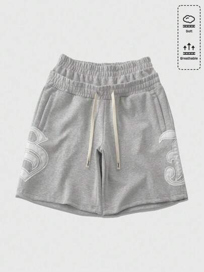 Prep Herren Shorts mit Doppelgürtelband, bestickter Kordelzug, Lässig mit Taschen