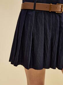 Muvela Robe courte pour femme avec ceinture en PU, ourlet plissé et cou attaché. Vêtements de retour à l'école et tenue de bureau décontractée - Bleu marine - Voir 8