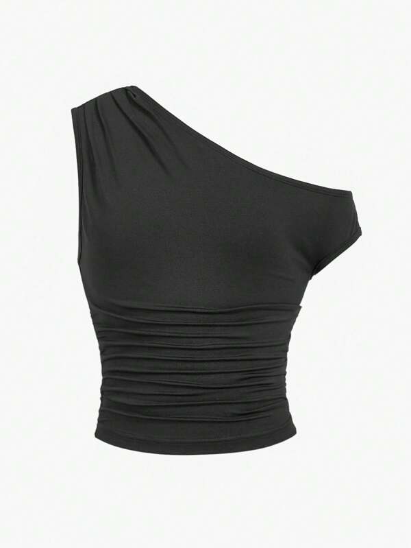Tricou negru cu guler asimetric și mulat, pentru fete preadolescente, la modă stradală, casual