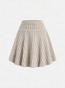 SHEIN 青少年女孩针织罗纹单肩不对称摆动修身上衣和高腰 A 字裙休闲套装 - 杏色 - 查看 8