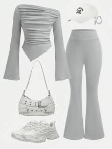 SHEIN Girlism Plain Light Grey Long-Sleeve Tee And Flared Pants Co-Ords For Tween Girls Grey Outfit Set Pants And Top Set Grey Two Piece Outfit Grey Set Outfit Grey Two Piece Set Grey Girl Outfit Fall Winter