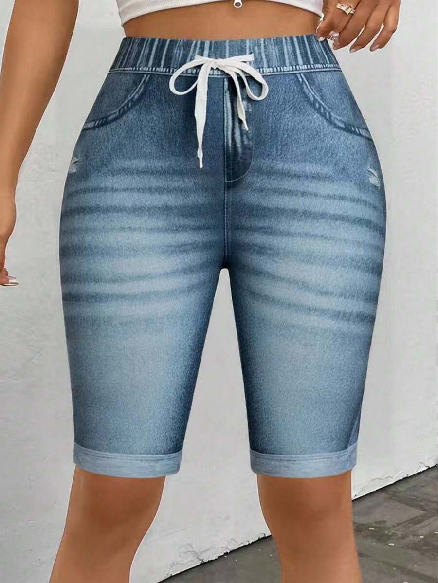 INAWLY Quần short bó in họa tiết denim thường ngày cho nữ - Màu xanh lam - Xem 1