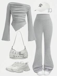 SHEIN Girlism Plain Light Grey Long-Sleeve Tee And Flared Pants Co-Ords For Tween Girls Grey Outfit Set Pants And Top Set Grey Two Piece Outfit Grey Set Outfit Grey Two Piece Set Grey Girl Outfit Fall Winter