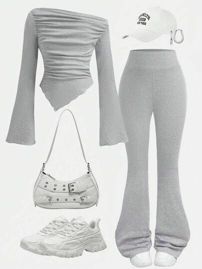 SHEIN Girlism Conjunto informal de 2 piezas para niña preadolescente: Camiseta ajustada de manga larga acampanada con pliegues en gris claro y pantalones acampanados para usar en casa, al aire libre, como atuendo de viaje en el aeropuerto, y para uso diario casual