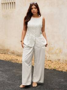 Elaquor Conjunto informal de 2 piezas, talla grande, para mujer, para uso de oficina/viajes, estilo a rayas, versátil, blusa y pantalones, para el verano