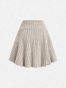 SHEIN 青少年女孩针织罗纹单肩不对称摆动修身上衣和高腰 A 字裙休闲套装 - 杏色 - 查看 9