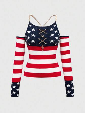 J-Fashion Vintage Amerikanische Flagge Patchwork Crop Pullover Sweater für Damen