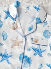 2 件夏季女童缎面贝壳蝴蝶结装饰短袖开衫和短裤套装，度假风格家居服返校女童服装女童夏季服装返校服校服学校用品书包 - 彩色 - 查看 5