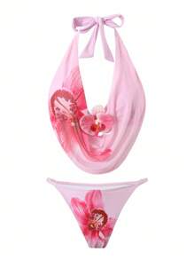 Swim Oasis 3pcs/Set Women's Vacation Floral Swimwear, Fashion Sexy Deep Draped Neck Strap Halter Bikini Cropped Top & Mini Skirt Set For Summer - Pink - View 4