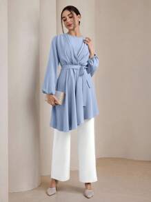 Graceveil 女士优雅纯色灯笼袖不对称下摆衬衫朴素 - 藍色 - 查看 4