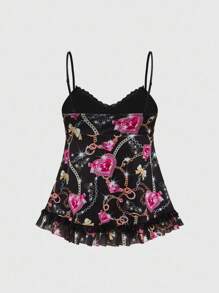 ROMWE J-Fashion Áo hai dây xích vàng phong cách Y2K dành cho nữ có thiết kế hình trái tim và nơ - màu đen - Xem 2