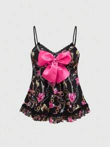 ROMWE J-Fashion Áo hai dây xích vàng phong cách Y2K dành cho nữ có thiết kế hình trái tim và nơ - màu đen - Xem 1