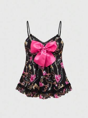 J-Fashion Top de tirantes con cadena dorada y diseño de corazón y moño, estilo Y2K para mujer