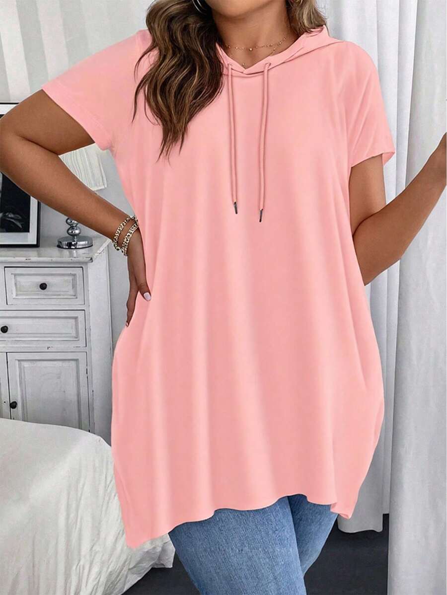 SHEIN 大码女式休闲纯色连帽短袖上衣 - 粉色 - 查看 1