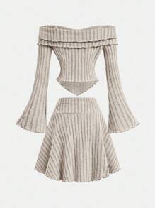 SHEIN 青少年女孩针织罗纹单肩不对称摆动修身上衣和高腰 A 字裙休闲套装 - 杏色 - 查看 3