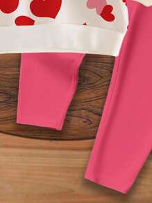 SHEIN Leap Crew 女婴情人节可爱卡通手绘心形印花粉色休闲针织柔软厚圆领长袖运动衫和紧身裤套装衣服