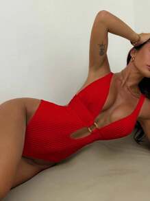 Swim SXY Nouveau maillot de bain une pièce d'été en tissu texturé couleur unie, avec col en V, dos nu, bretelles spaghetti, pour plage et vacances