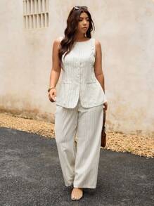 Elaquor Conjunto informal de 2 piezas, talla grande, para mujer, para uso de oficina/viajes, estilo a rayas, versátil, blusa y pantalones, para el verano