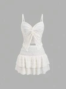 SHEIN PETITE Set de 2 piezas con top corto con tirantes con volantes y falda mini en línea A con volantes en estilo francés dulce, para primavera/verano, talla pequeña