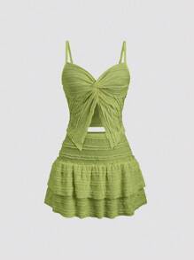 Sweetra 2 件套女士法式甜美荷叶边肩带扭纹前背心和 A 字形荷叶边下摆半身裙套装，春夏 - 綠色 - 查看 3