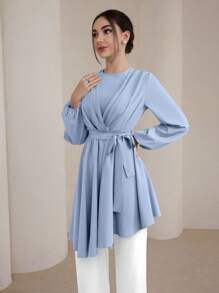 Graceveil 女士优雅纯色灯笼袖不对称下摆衬衫朴素 - 藍色 - 查看 6