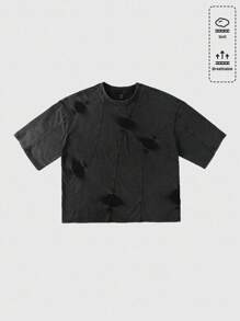 ROMWE MEN Grunge Punk 男士水洗流苏短袖T恤，宽松短款 - 黑色 - 查看 1