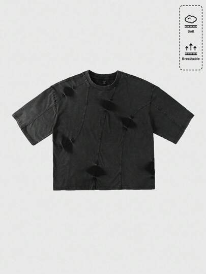 Grunge Punk تي شيرت كروب بأكمام قصيرة للرجال مغسول ومزخرف بشرائط