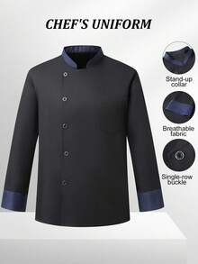 Manfinity Homme Áo sơ mi đầu bếp nam chuyên nghiệp màu đen, chất liệu vải dệt thoáng khí, tay dài và có túi ngực. - màu đen - Xem 1