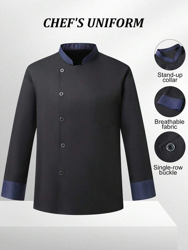 Manfinity Homme Professional Men's Black Chef Shirt With Breathable Woven Fabric Long Sleeves And Chest Pocket