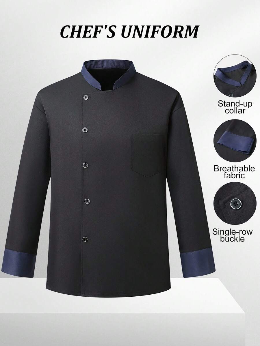 Manfinity Homme Áo sơ mi đầu bếp nam chuyên nghiệp màu đen, chất liệu vải dệt thoáng khí, tay dài và có túi ngực. - màu đen - Xem 1