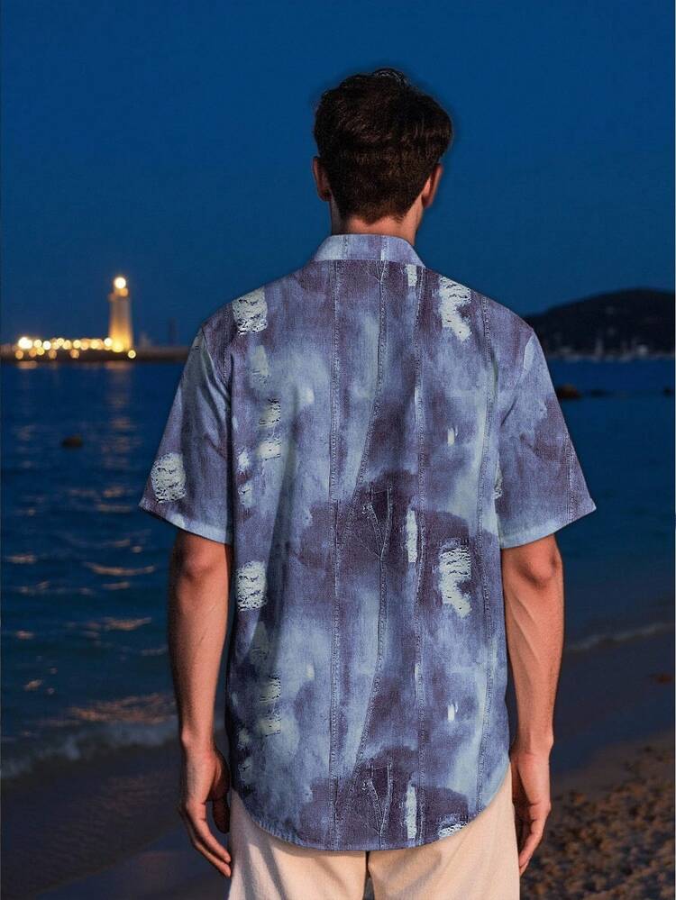 Manfinity Dauomo Men's Denim Effect Print Short Sleeve Button-Down Casual Shirt - Multicolor - View 2