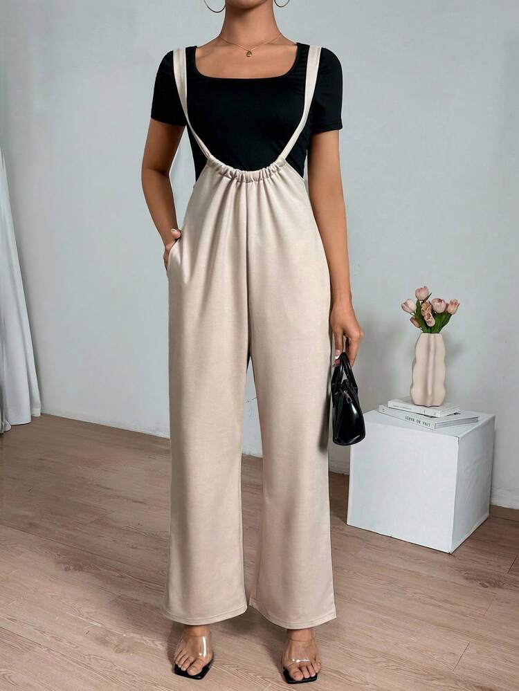 Women's Solid Color Short Sleeve T-Shirt And Overall Pants Set