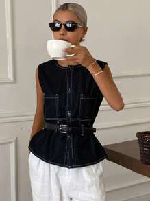 Livesso Women's Summer Sleeveless Round Neck Denim Blouse - Blue - View 1