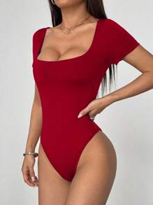 Flirla Body minimalist pentru femei, cu mânecă scurtă, cu guler pătrat, în culoare uni, potrivit pentru naveta zilnică, versatil - roșu - Vizualizare 5