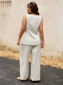 Elaquor Conjunto informal de 2 piezas, talla grande, para mujer, para uso de oficina/viajes, estilo a rayas, versátil, blusa y pantalones, para el verano