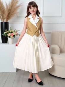 Set 2pcs/Set Rompi Colorblock dan Rok Panjang Lipit Model A-Line untuk Anak Perempuan Remaja - Khaki - View 1
