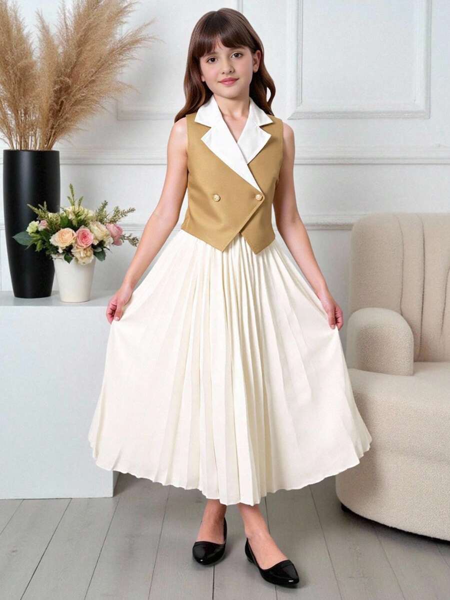 Set 2pcs/Set Rompi Colorblock dan Rok Panjang Lipit Model A-Line untuk Anak Perempuan Remaja - Khaki - View 1