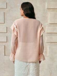 Chiquease Camisa Elegante de Mulher com Gola em V de Tecido de Chiffon de Manga Longa, Silhueta com Renda de Pérolas Falsas, Barra com Babados, Costura Francesa, Contraste de Cor, Pó de Borracha, Estilo Vintage para Professoras, Cruzeiro, Outono, Primavera, Casual - Damasco - Visão 2