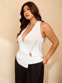 Elaquor Blusa de verano con cuello halter y bajo asimétrico en unicolor para mujer de talla grande - Blanco - Ver 6