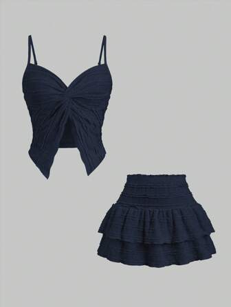 Sweetra 2 Stücke Set: Französischer süßer Rüschentragegurt verdrehtes Crop Top und A-Linie Rock mit Rüschensaum, Damen, Frühling/Sommer