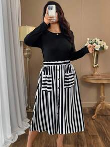 SHEIN Clasi Plus Size Women's Solid Color Comfortable Round Neck Long Sleeve T-Shirt With Women's Striped Print With Button Pocket Belt Design Waist Skirt Elegant Women's Two Pieces Set - Black and White - View 1